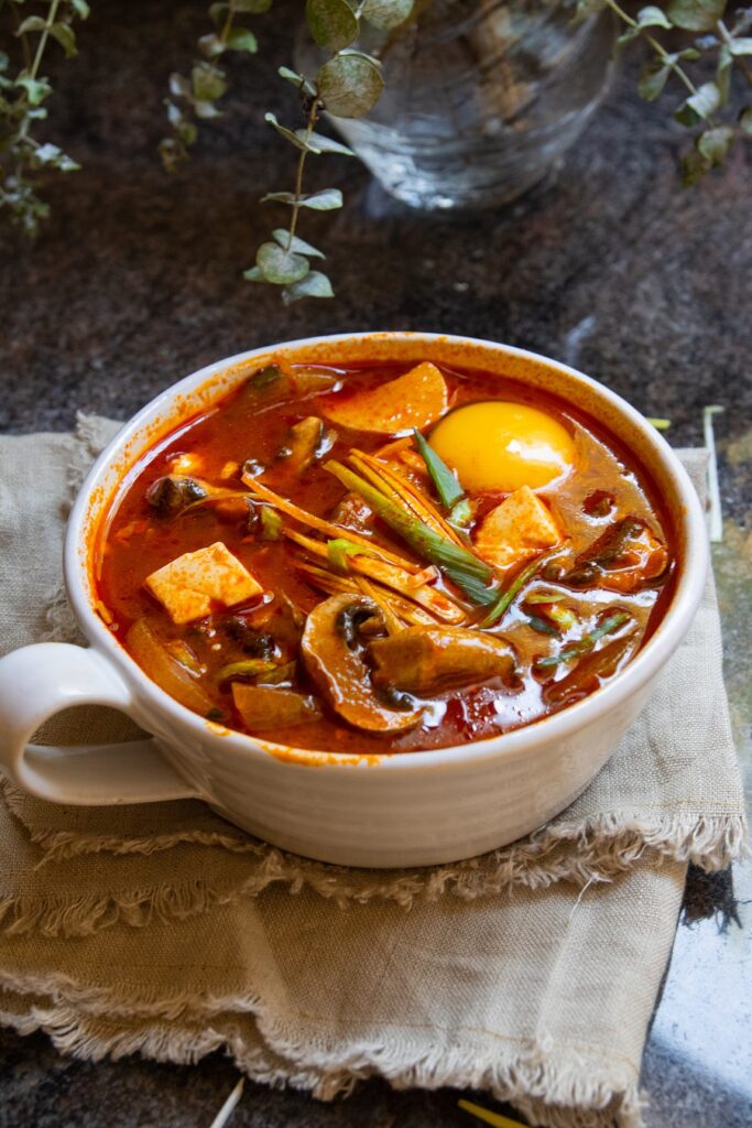 Korean Style Spicy Mushroom Tofu Soup